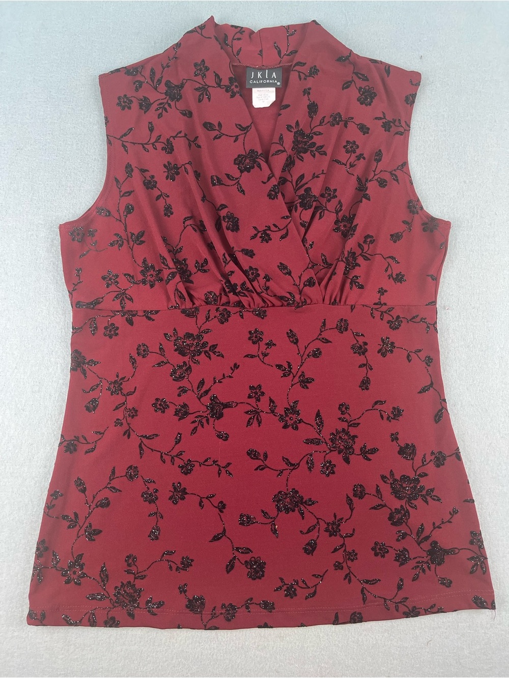 Vintage 90s Y2K JKLA California Red Blk Floral Glitter Sleeveless Babydoll Top M